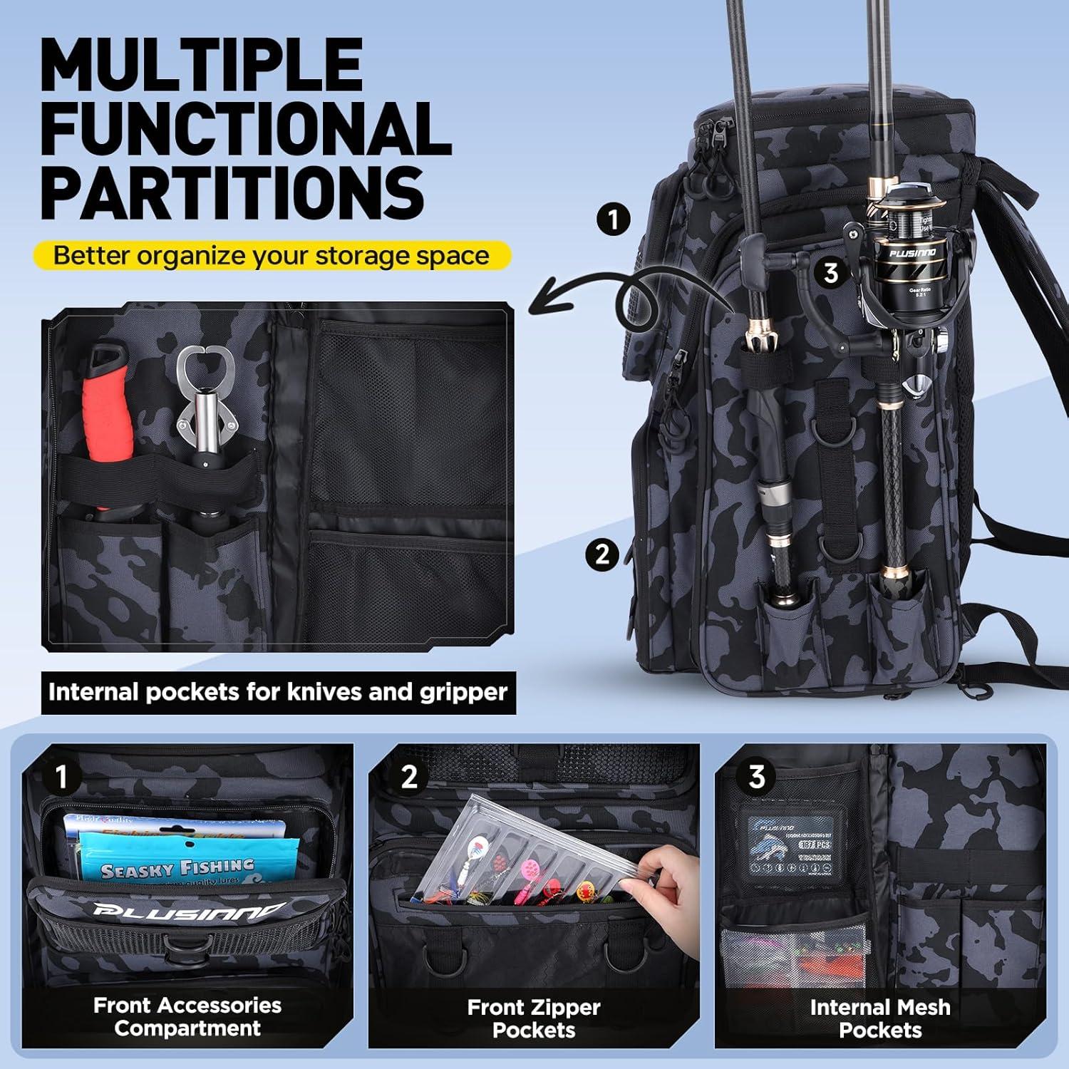 image:imagePLUSINNO Fishing Backpack with Rod Holders Tackle Box 42L Large Waterresistant Fishing Tackle Bag Store Fishing GearBlack Camo4 Tackle Boxes Included