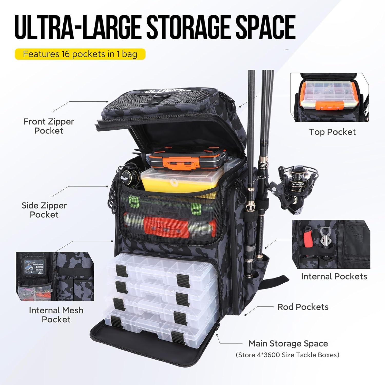 image:imagePLUSINNO Fishing Backpack with Rod Holders Tackle Box 42L Large Waterresistant Fishing Tackle Bag Store Fishing GearBlack Camouflage