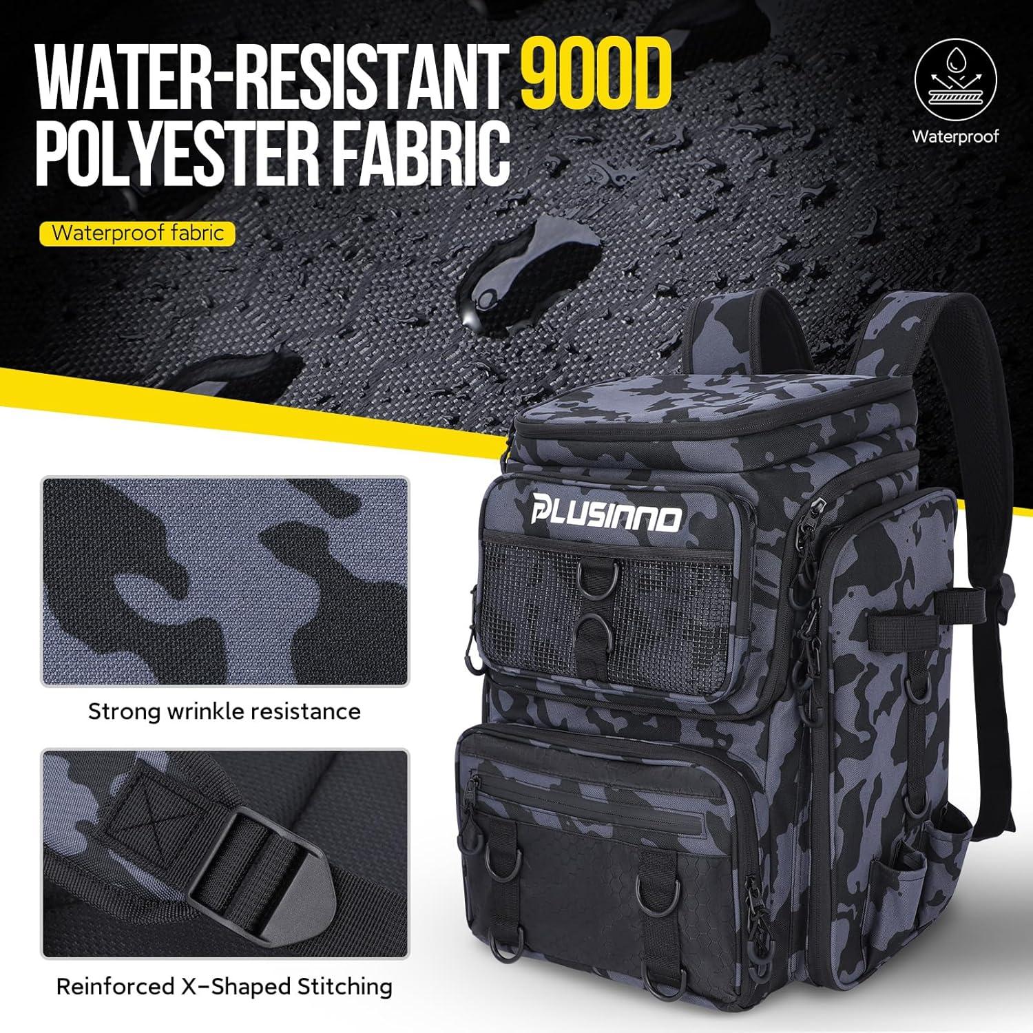 image:imagePLUSINNO Fishing Backpack with Rod Holders Tackle Box 42L Large Waterresistant Fishing Tackle Bag Store Fishing GearBlack Camouflage