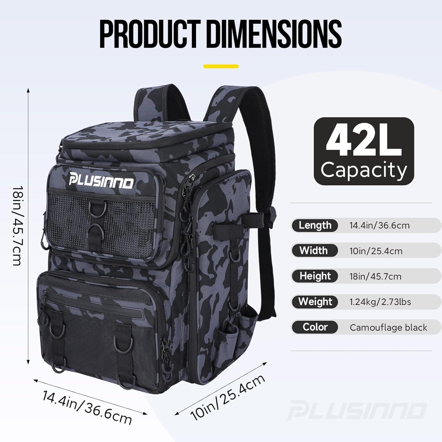 image:imagePLUSINNO Fishing Backpack with Rod Holders Tackle Box 42L Large Waterresistant Fishing Tackle Bag Store Fishing GearBlack Camouflage