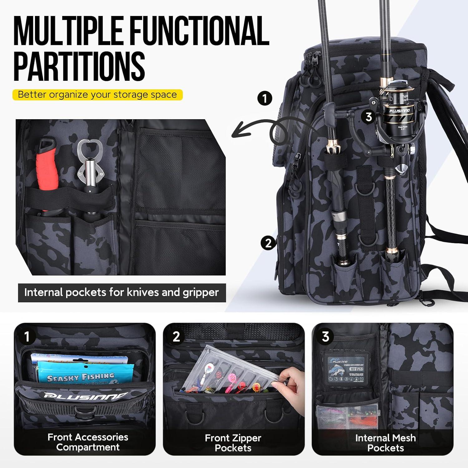 image:imagePLUSINNO Fishing Backpack with Rod Holders Tackle Box 42L Large Waterresistant Fishing Tackle Bag Store Fishing GearBlack Camouflage