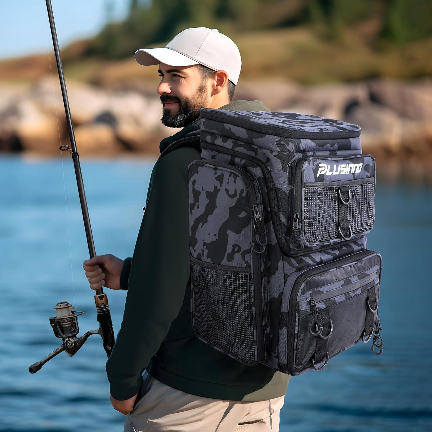 image:imagePLUSINNO Fishing Backpack with Rod Holders Tackle Box 42L Large Waterresistant Fishing Tackle Bag Store Fishing GearBlack Camouflage