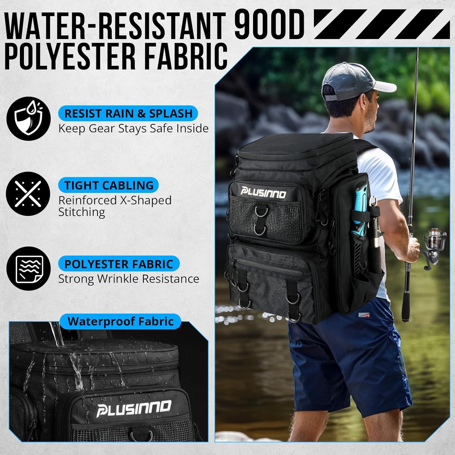 image:imagePLUSINNO Fishing Backpack with Rod Holders Tackle Box 42L Large Waterresistant Fishing Tackle Bag Store Fishing GearBlack With Tackle Boxes