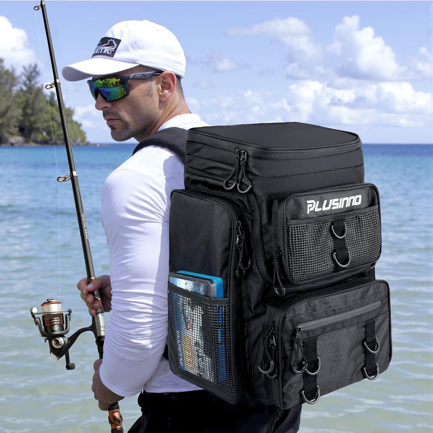 image:imagePLUSINNO Fishing Backpack with Rod Holders Tackle Box 42L Large Waterresistant Fishing Tackle Bag Store Fishing GearBlack With Tackle Boxes