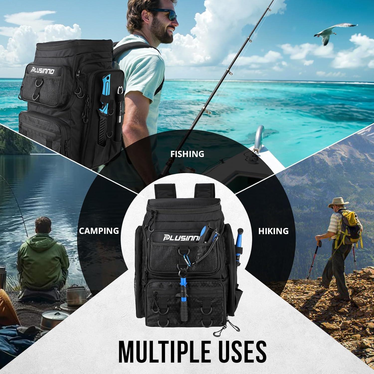 image:imagePLUSINNO Fishing Backpack with Rod Holders Tackle Box 42L Large Waterresistant Fishing Tackle Bag Store Fishing GearBlack With Tackle Boxes