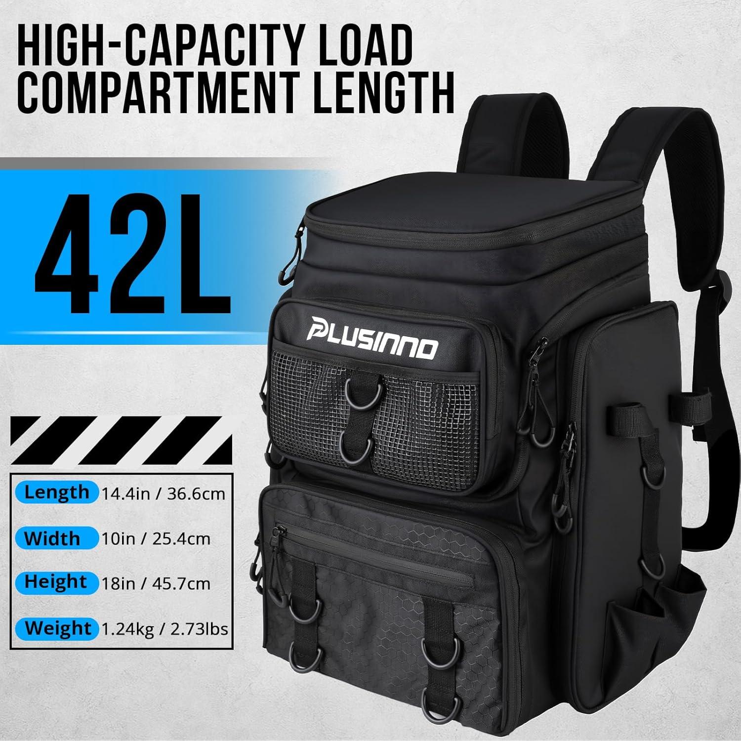 image:imagePLUSINNO Fishing Backpack with Rod Holders Tackle Box 42L Large Waterresistant Fishing Tackle Bag Store Fishing GearBlack With Tackle Boxes