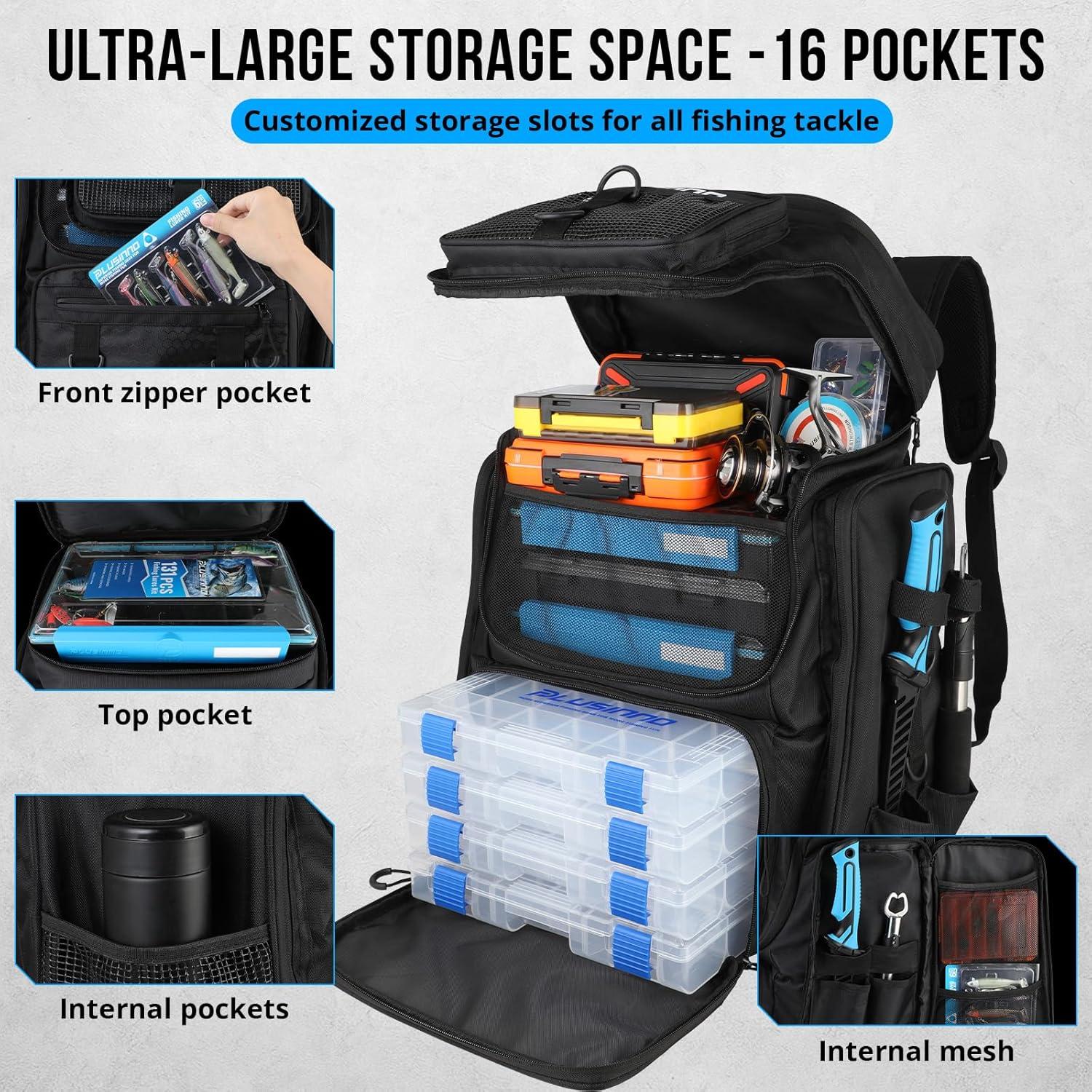 image:imagePLUSINNO Fishing Backpack with Rod Holders Tackle Box 42L Large Waterresistant Fishing Tackle Bag Store Fishing GearBlack With Tackle Boxes