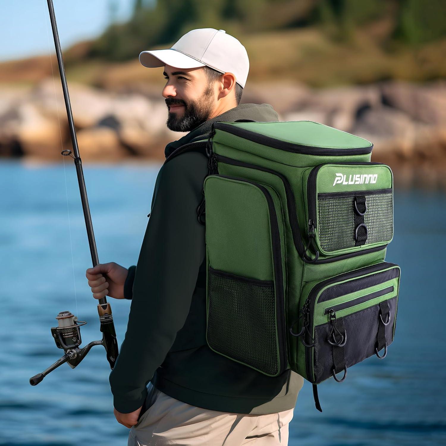 image:imagePLUSINNO Fishing Backpack with Rod Holders Tackle Box 42L Large Waterresistant Fishing Tackle Bag Store Fishing GearGreen