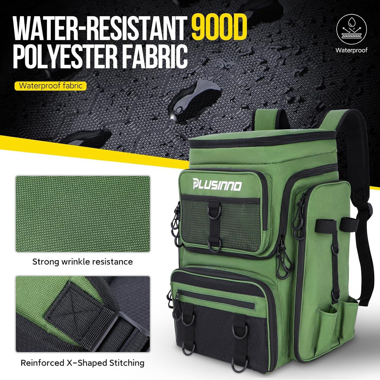 image:imagePLUSINNO Fishing Backpack with Rod Holders Tackle Box 42L Large Waterresistant Fishing Tackle Bag Store Fishing GearGreen
