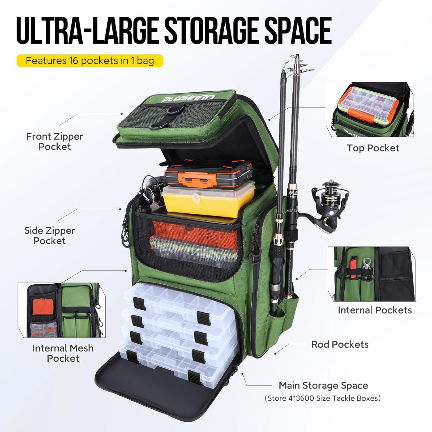 image:imagePLUSINNO Fishing Backpack with Rod Holders Tackle Box 42L Large Waterresistant Fishing Tackle Bag Store Fishing GearGreen