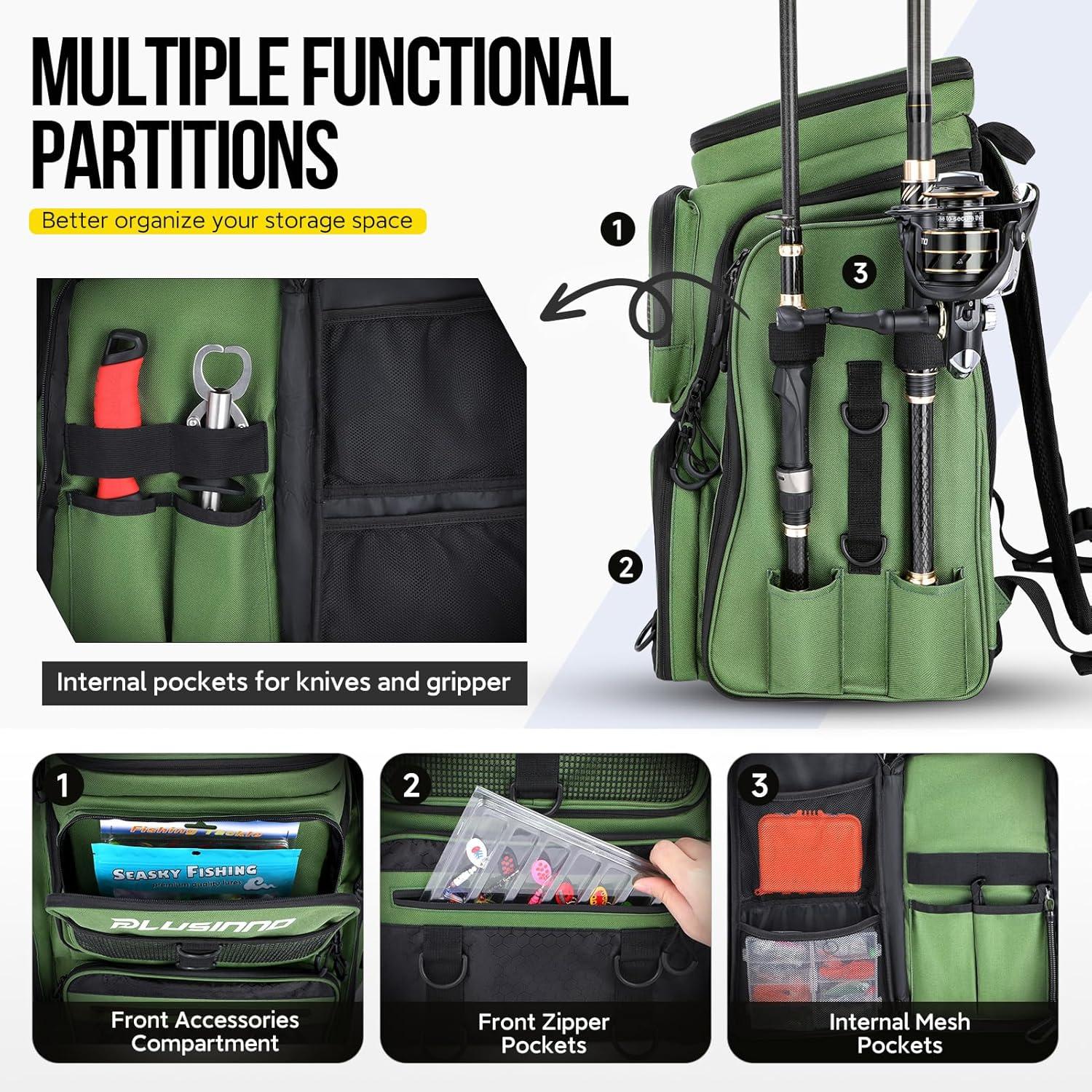 image:imagePLUSINNO Fishing Backpack with Rod Holders Tackle Box 42L Large Waterresistant Fishing Tackle Bag Store Fishing GearGreen