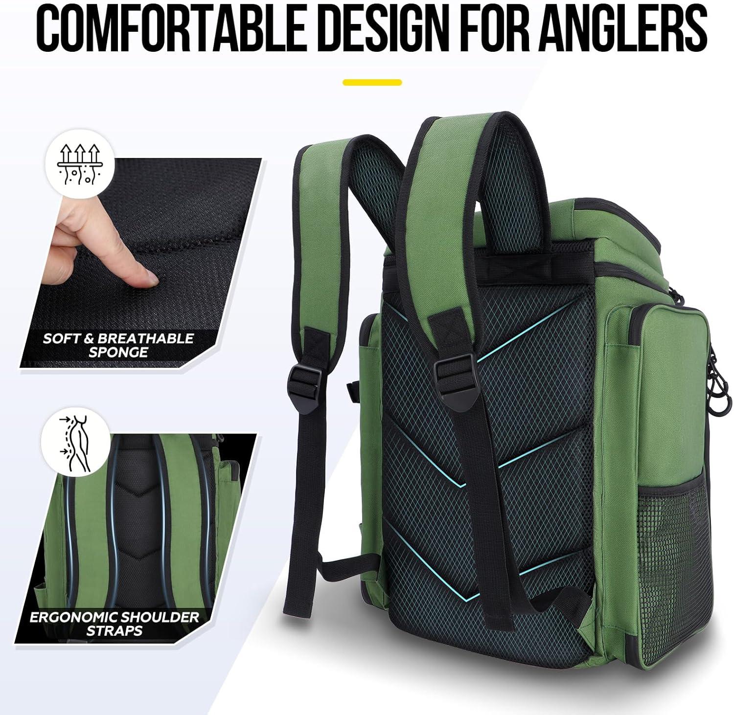image:imagePLUSINNO Fishing Backpack with Rod Holders Tackle Box 42L Large Waterresistant Fishing Tackle Bag Store Fishing GearGreen