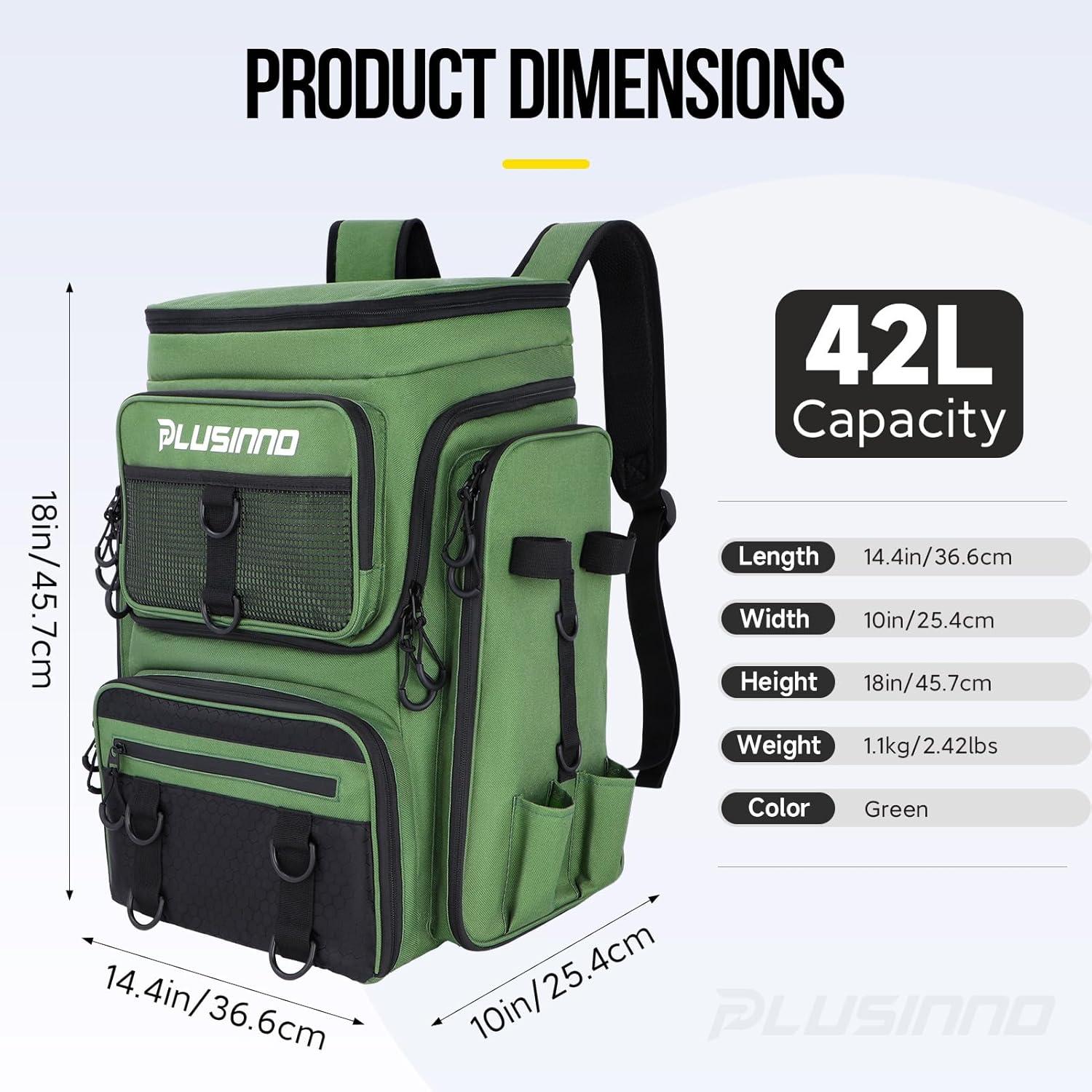 image:imagePLUSINNO Fishing Backpack with Rod Holders Tackle Box 42L Large Waterresistant Fishing Tackle Bag Store Fishing GearGreen
