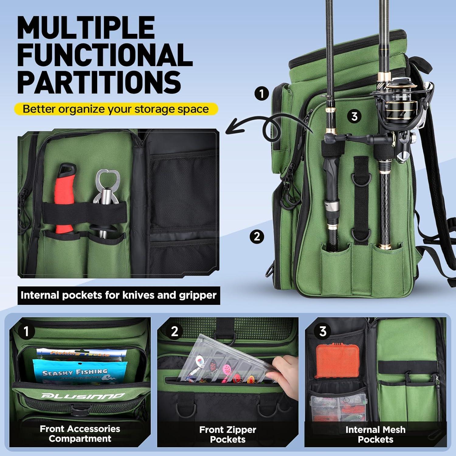 image:imagePLUSINNO Fishing Backpack with Rod Holders Tackle Box 42L Large Waterresistant Fishing Tackle Bag Store Fishing GearGreen With 4 Tackle Boxes