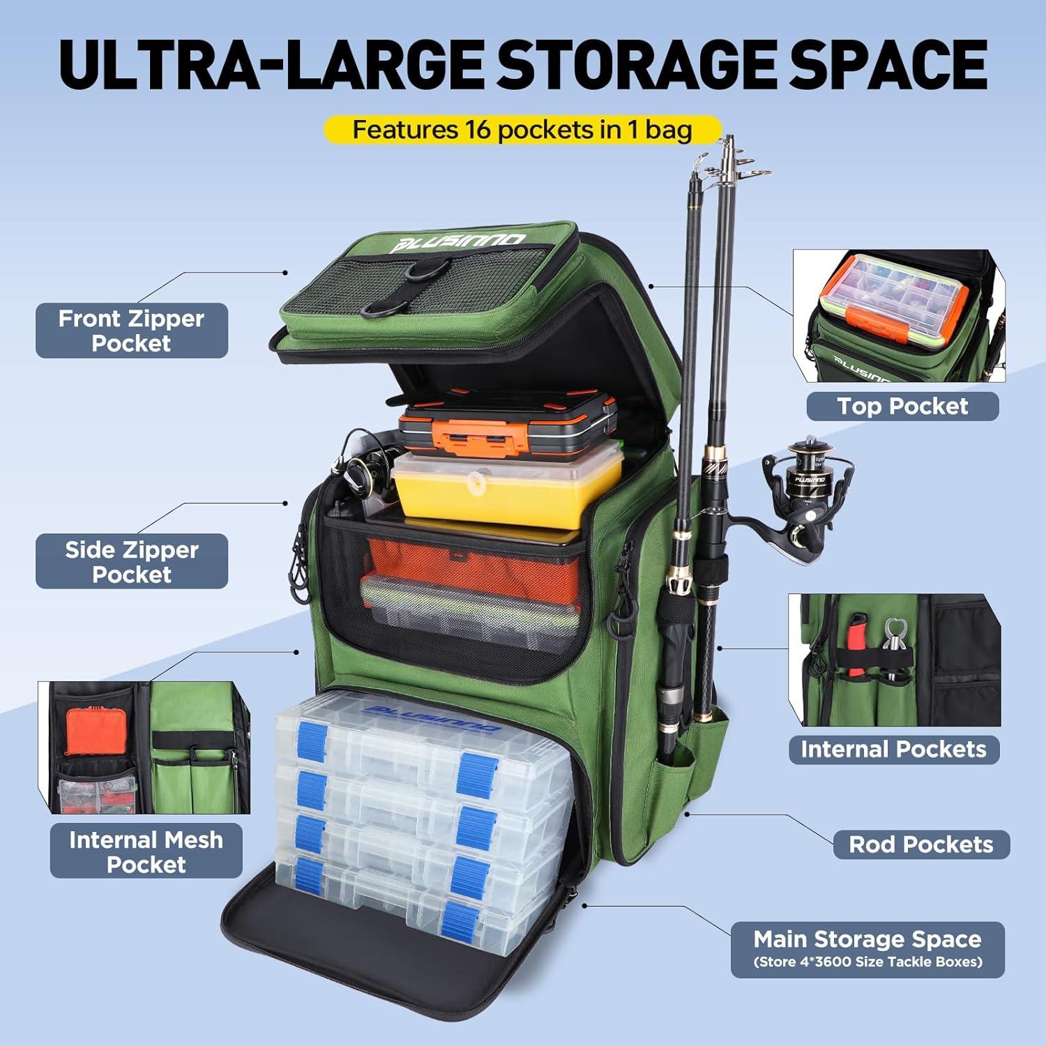 image:imagePLUSINNO Fishing Backpack with Rod Holders Tackle Box 42L Large Waterresistant Fishing Tackle Bag Store Fishing GearGreen With 4 Tackle Boxes