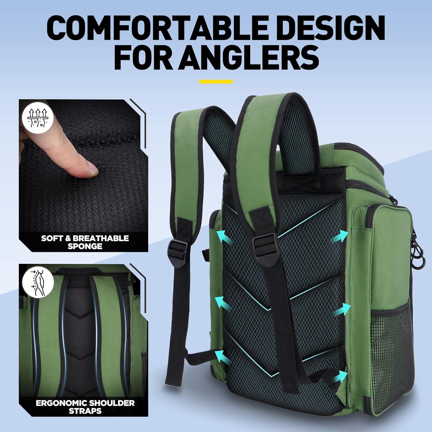 image:imagePLUSINNO Fishing Backpack with Rod Holders Tackle Box 42L Large Waterresistant Fishing Tackle Bag Store Fishing GearGreen With 4 Tackle Boxes