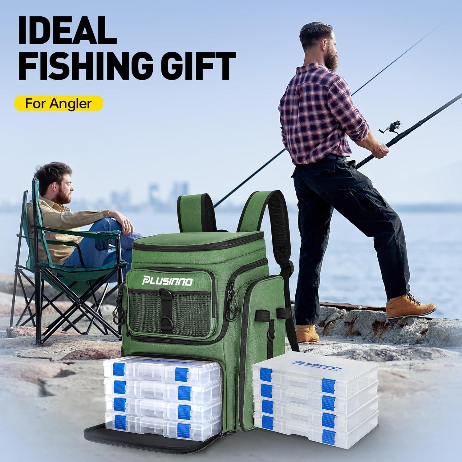 image:imagePLUSINNO Fishing Backpack with Rod Holders Tackle Box 42L Large Waterresistant Fishing Tackle Bag Store Fishing GearGreen With 4 Tackle Boxes