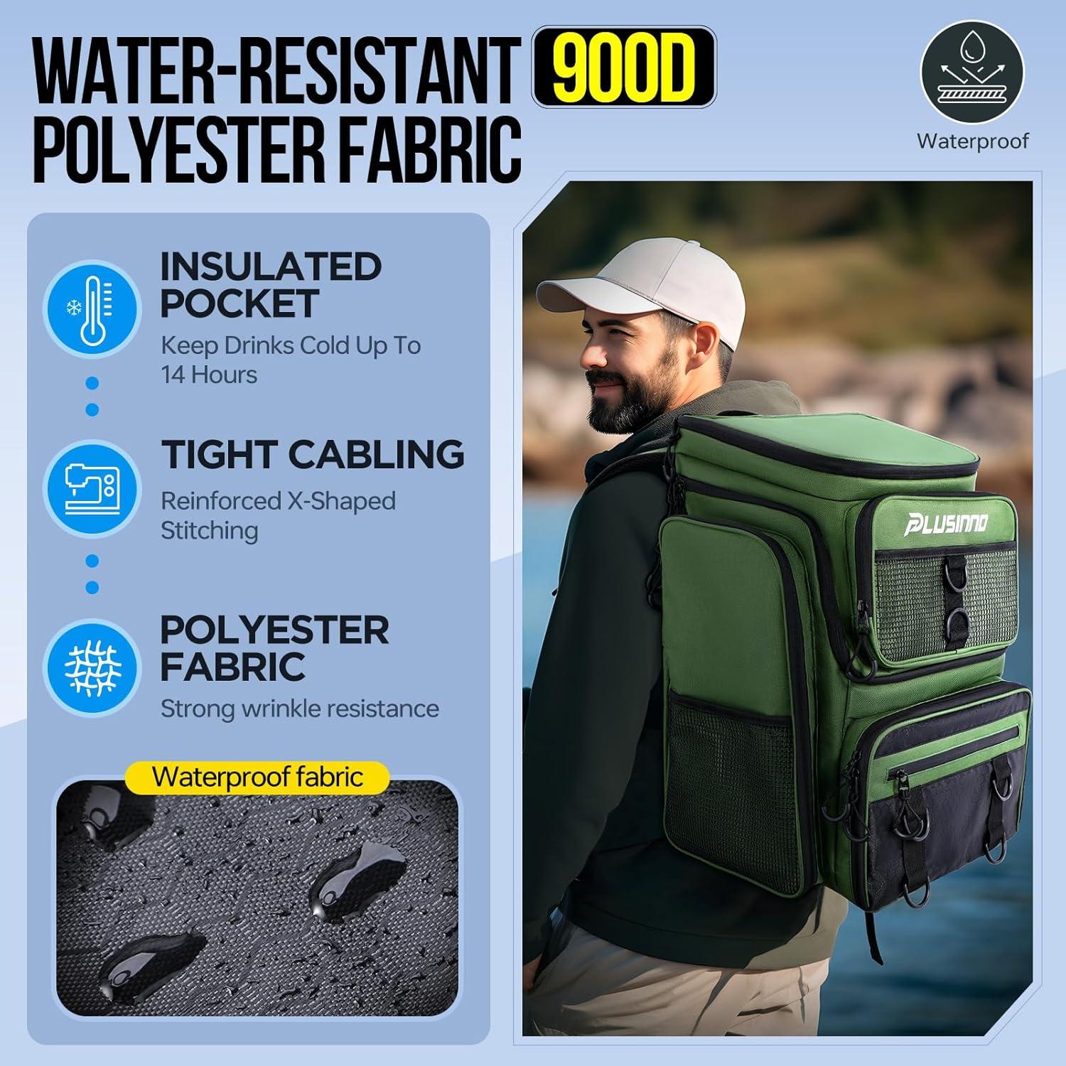 image:imagePLUSINNO Fishing Backpack with Rod Holders Tackle Box 42L Large Waterresistant Fishing Tackle Bag Store Fishing GearGreen With 4 Tackle Boxes