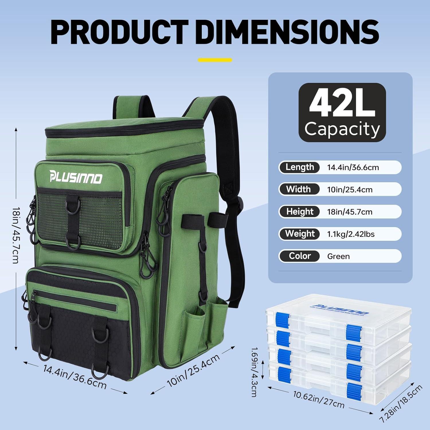 image:imagePLUSINNO Fishing Backpack with Rod Holders Tackle Box 42L Large Waterresistant Fishing Tackle Bag Store Fishing GearGreen With 4 Tackle Boxes