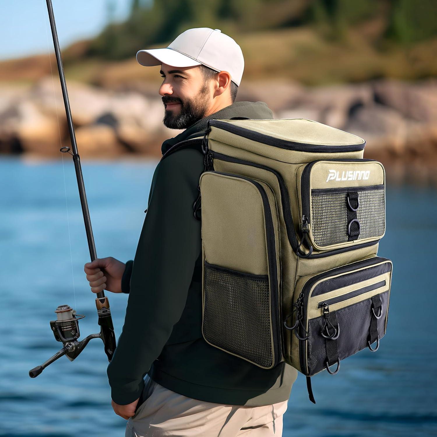 image:imagePLUSINNO Fishing Backpack with Rod Holders Tackle Box 42L Large Waterresistant Fishing Tackle Bag Store Fishing GearKhaki