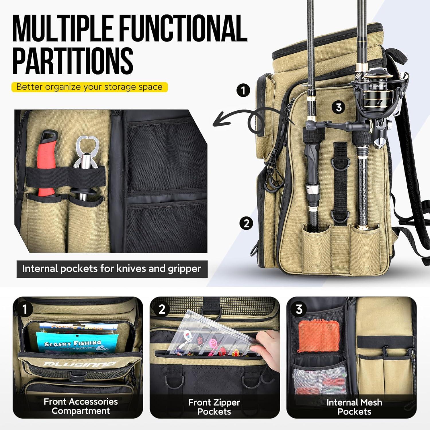 image:imagePLUSINNO Fishing Backpack with Rod Holders Tackle Box 42L Large Waterresistant Fishing Tackle Bag Store Fishing GearKhaki