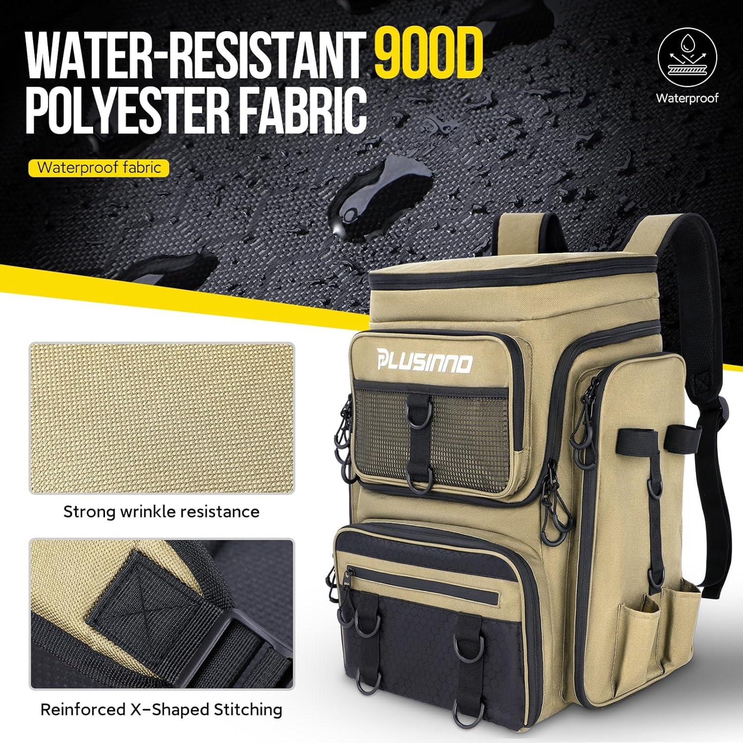 image:imagePLUSINNO Fishing Backpack with Rod Holders Tackle Box 42L Large Waterresistant Fishing Tackle Bag Store Fishing GearKhaki