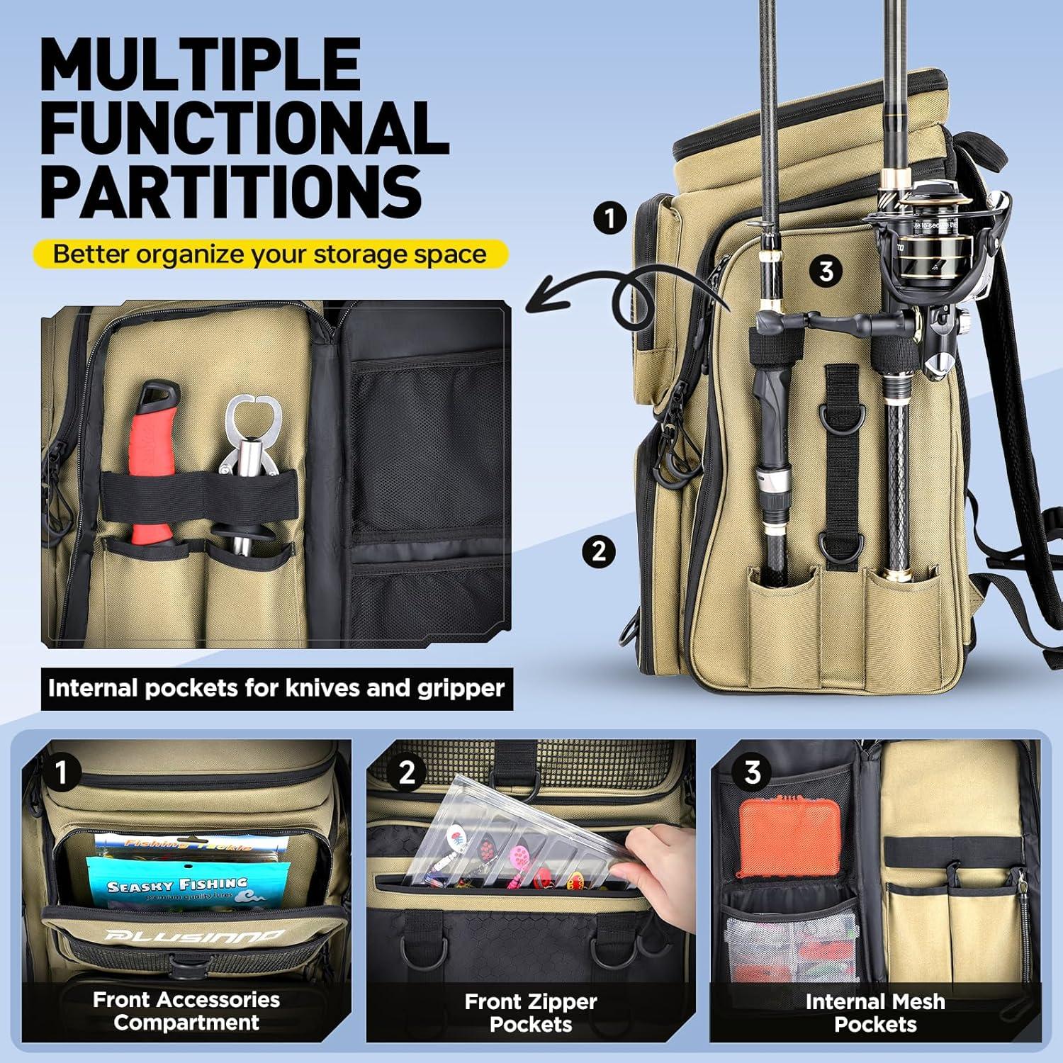 image:imagePLUSINNO Fishing Backpack with Rod Holders Tackle Box 42L Large Waterresistant Fishing Tackle Bag Store Fishing GearKhaki 4 Tackle Boxes Included