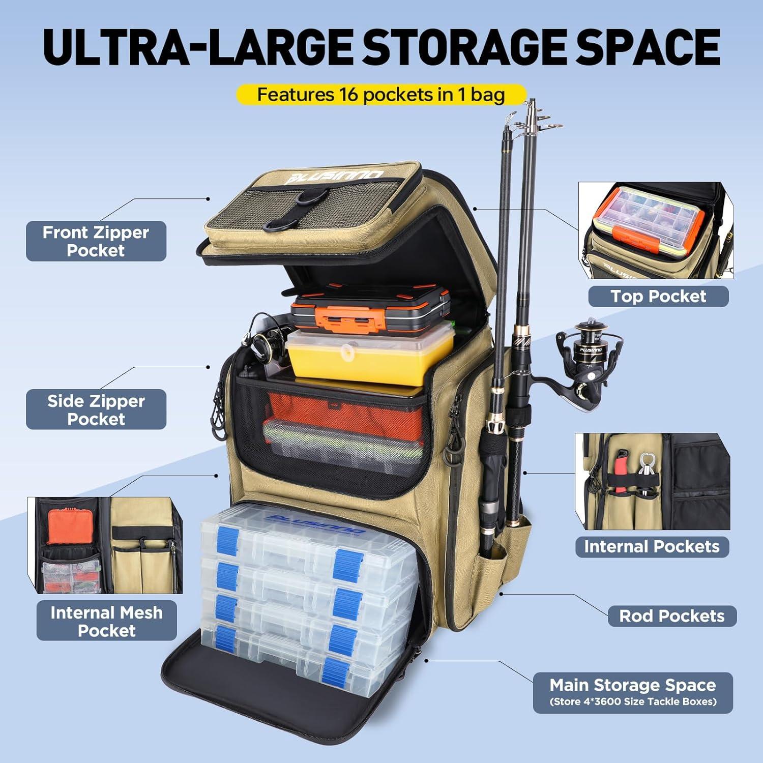 image:imagePLUSINNO Fishing Backpack with Rod Holders Tackle Box 42L Large Waterresistant Fishing Tackle Bag Store Fishing GearKhaki 4 Tackle Boxes Included