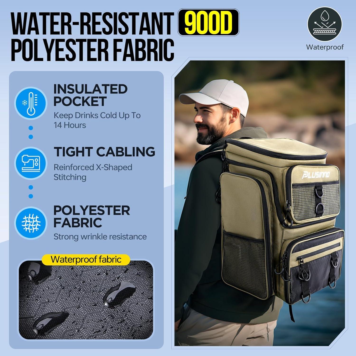 image:imagePLUSINNO Fishing Backpack with Rod Holders Tackle Box 42L Large Waterresistant Fishing Tackle Bag Store Fishing GearKhaki 4 Tackle Boxes Included