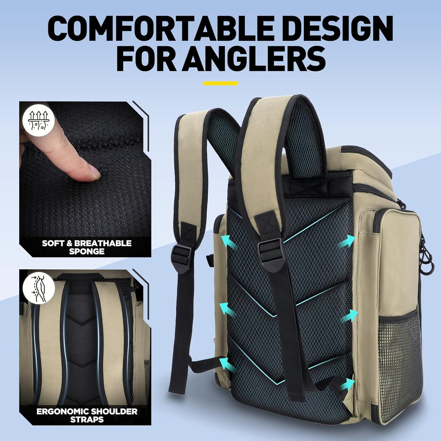 image:imagePLUSINNO Fishing Backpack with Rod Holders Tackle Box 42L Large Waterresistant Fishing Tackle Bag Store Fishing GearKhaki 4 Tackle Boxes Included
