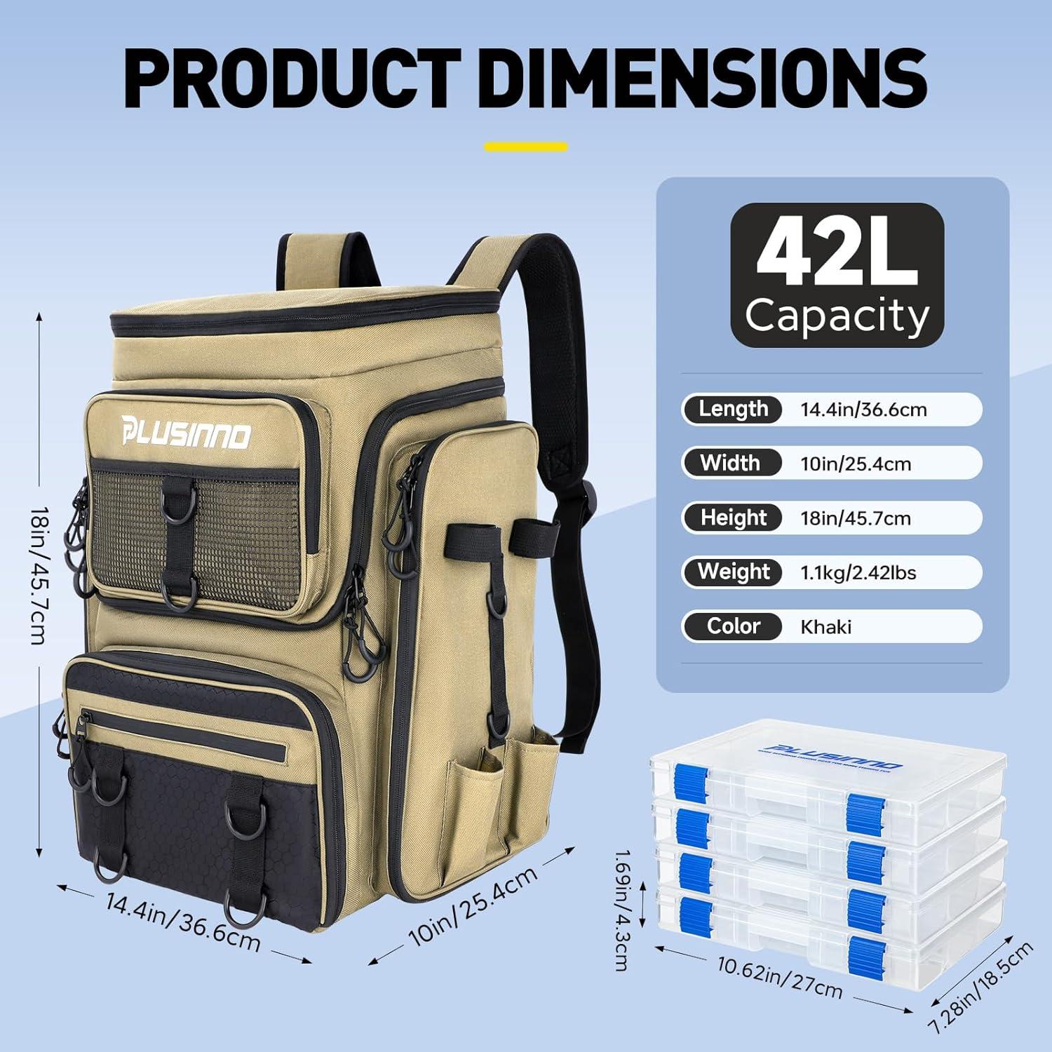 image:imagePLUSINNO Fishing Backpack with Rod Holders Tackle Box 42L Large Waterresistant Fishing Tackle Bag Store Fishing GearKhaki 4 Tackle Boxes Included