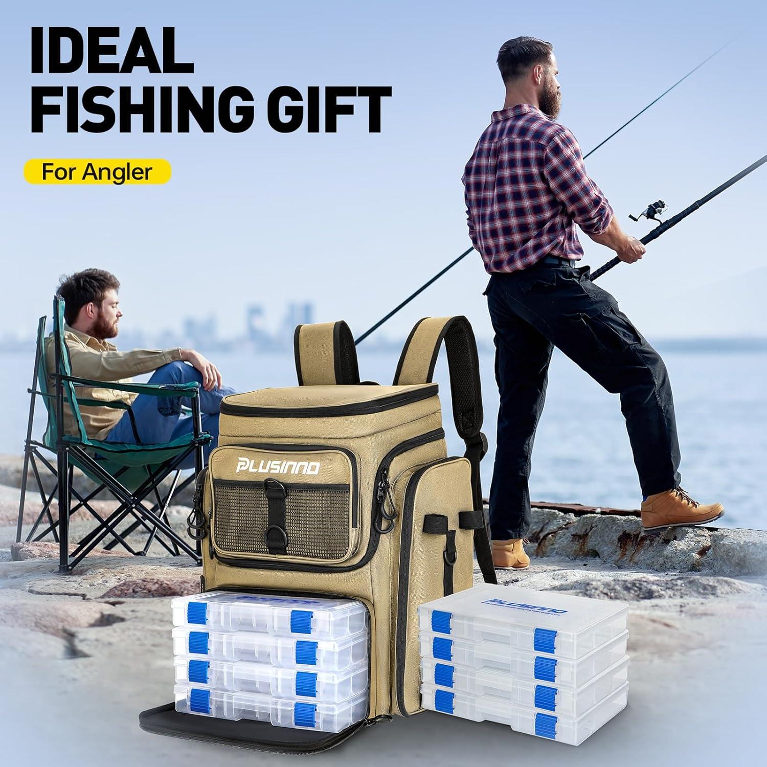 image:imagePLUSINNO Fishing Backpack with Rod Holders Tackle Box 42L Large Waterresistant Fishing Tackle Bag Store Fishing GearKhaki 4 Tackle Boxes Included