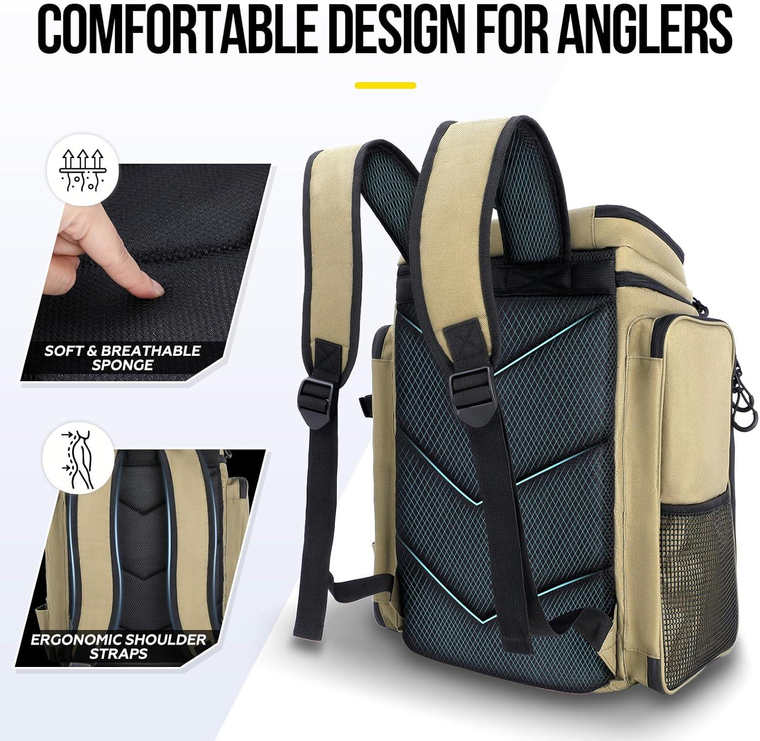 image:imagePLUSINNO Fishing Backpack with Rod Holders Tackle Box 42L Large Waterresistant Fishing Tackle Bag Store Fishing GearKhaki