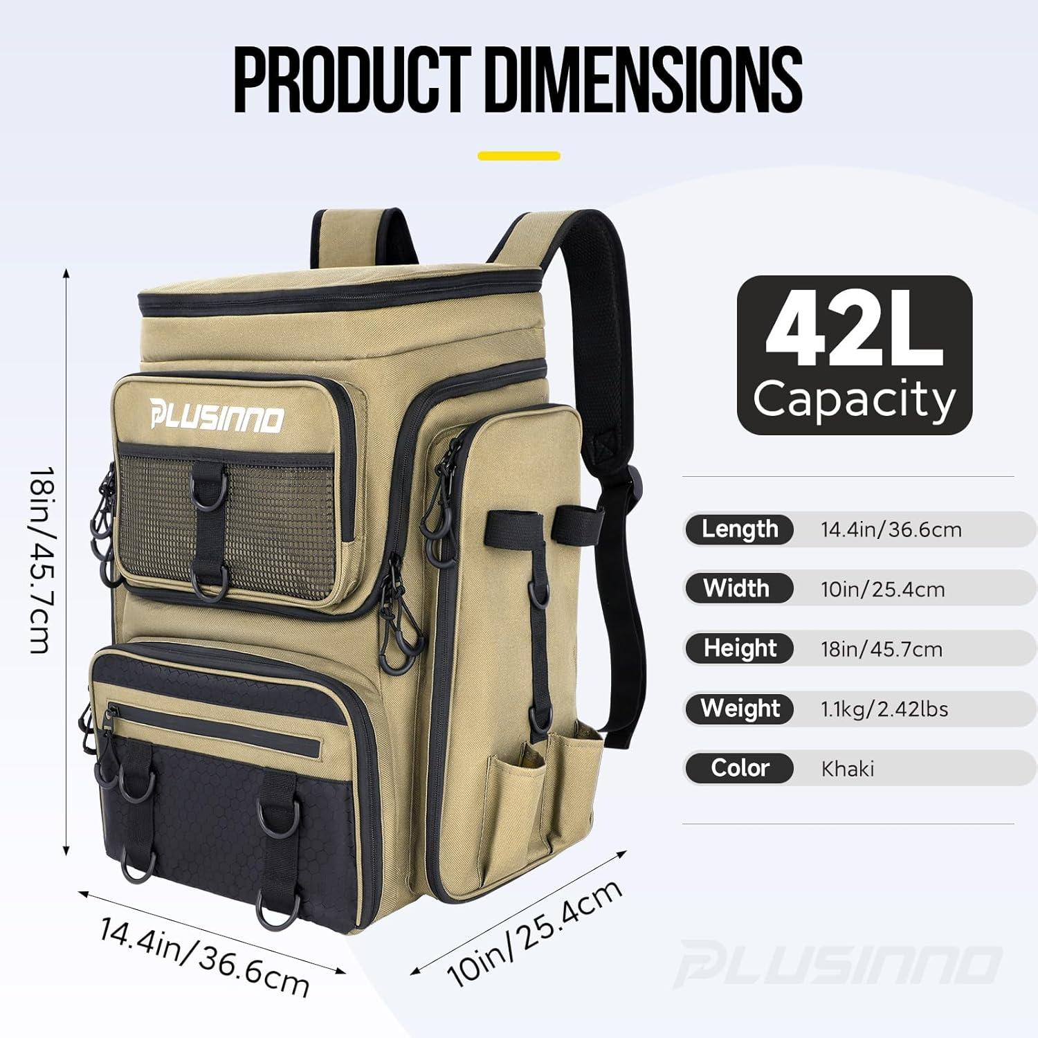 image:imagePLUSINNO Fishing Backpack with Rod Holders Tackle Box 42L Large Waterresistant Fishing Tackle Bag Store Fishing GearKhaki