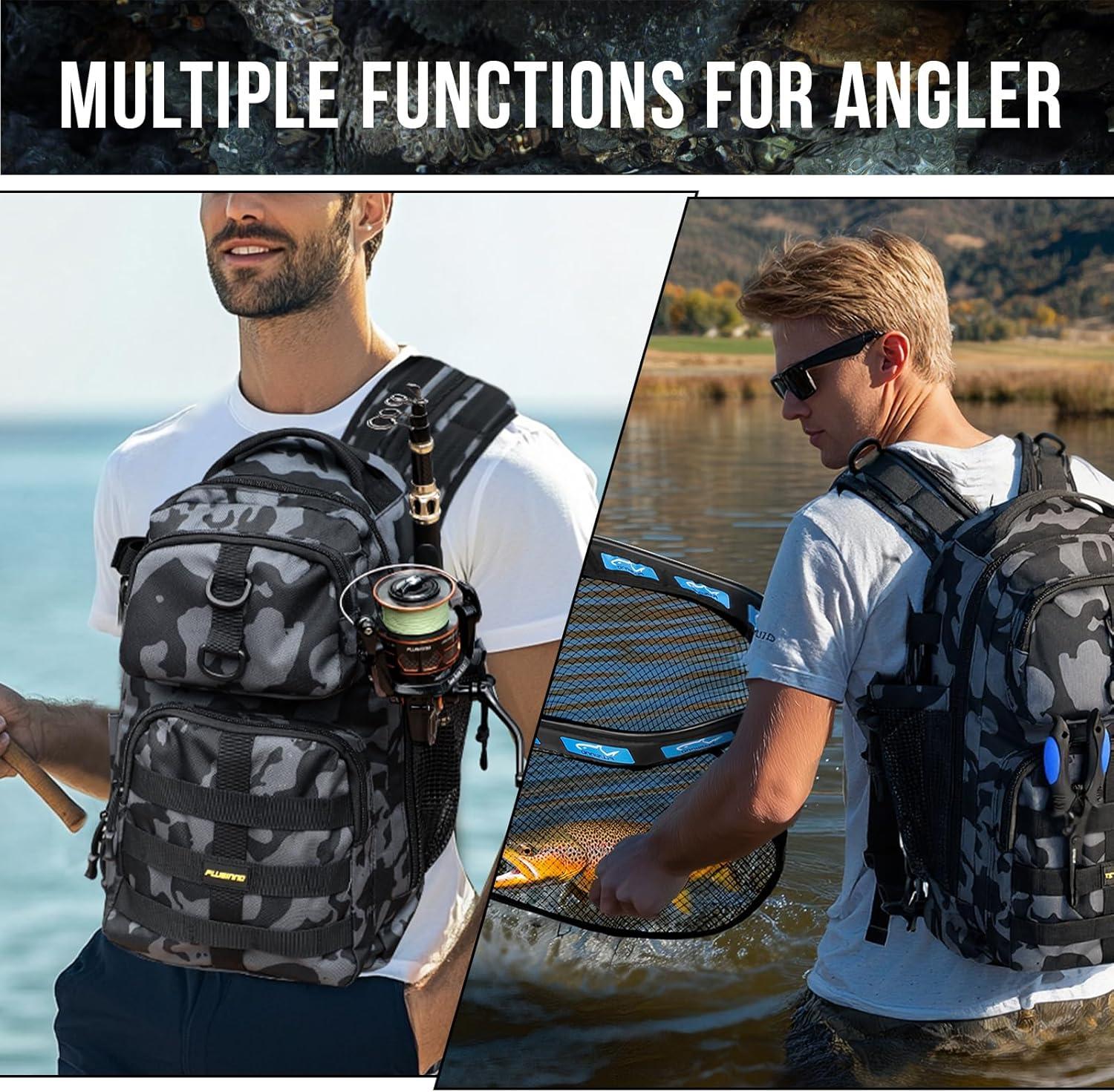 image:imagePLUSINNO Fishing Backpack with Tackle Boxes Waterproof Fishing Sling Tackle Bag For Fishing Gear With Rod Holder Fishing Gifts for Men With Fishing lures Fishing pliers Fish Lip GripperFishing Backpack with fishing net Blue