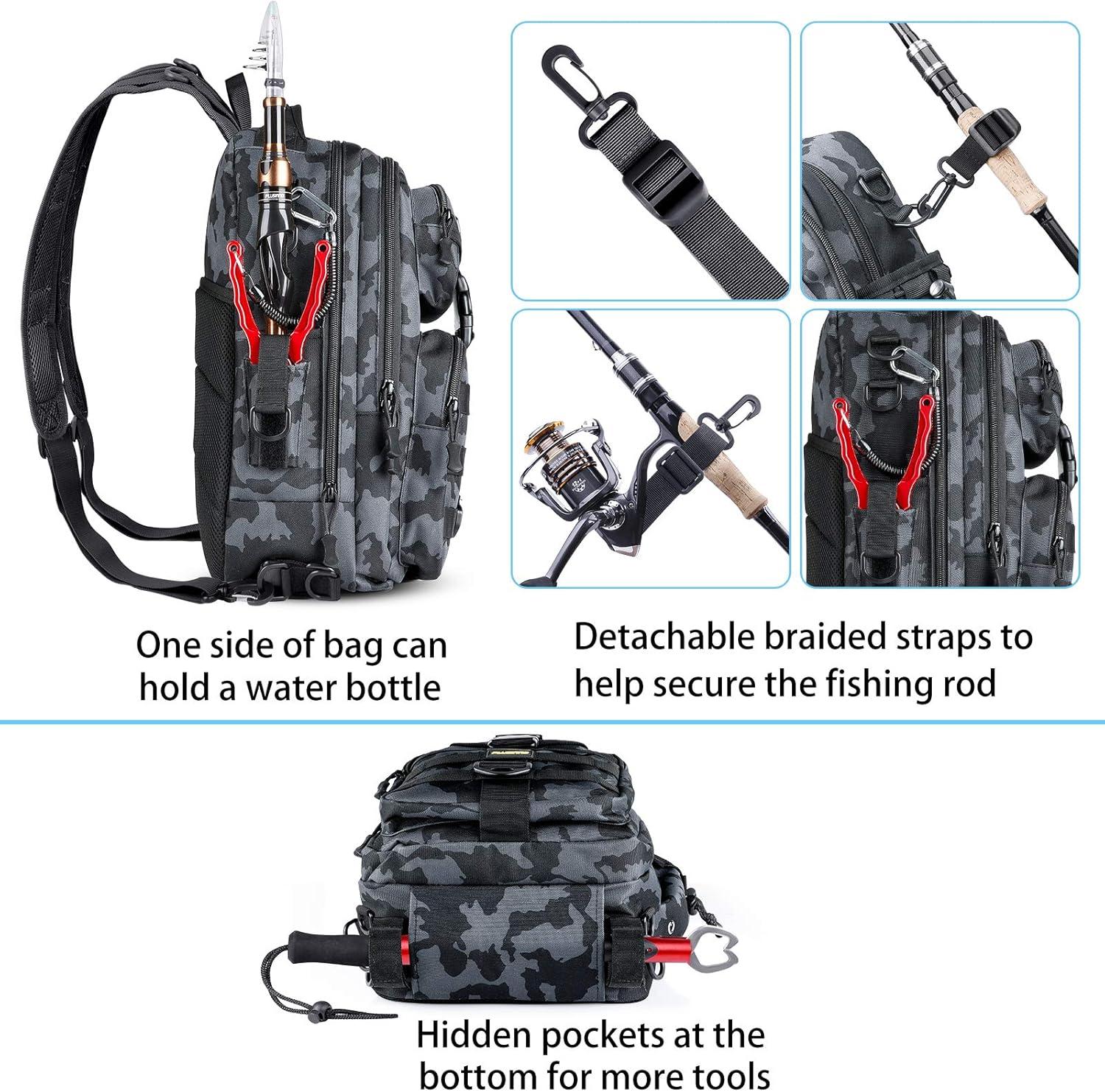 image:imagePLUSINNO Fishing Backpack with Tackle Boxes Waterproof Fishing Sling Tackle Bag For Fishing Gear With Rod Holder Fishing Gifts for Men With Fishing lures Fishing pliers Fish Lip GripperSingle Backpack No Tackle Box