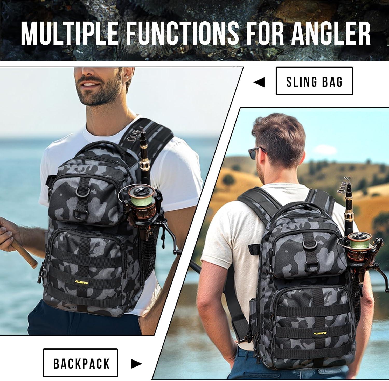 image:imagePLUSINNO Fishing Backpack with Tackle Boxes Waterproof Fishing Sling Tackle Bag For Fishing Gear With Rod Holder Fishing Gifts for Men With Fishing lures Fishing pliers Fish Lip GripperBlack Camo Fishing Backpack With Tackle Box
