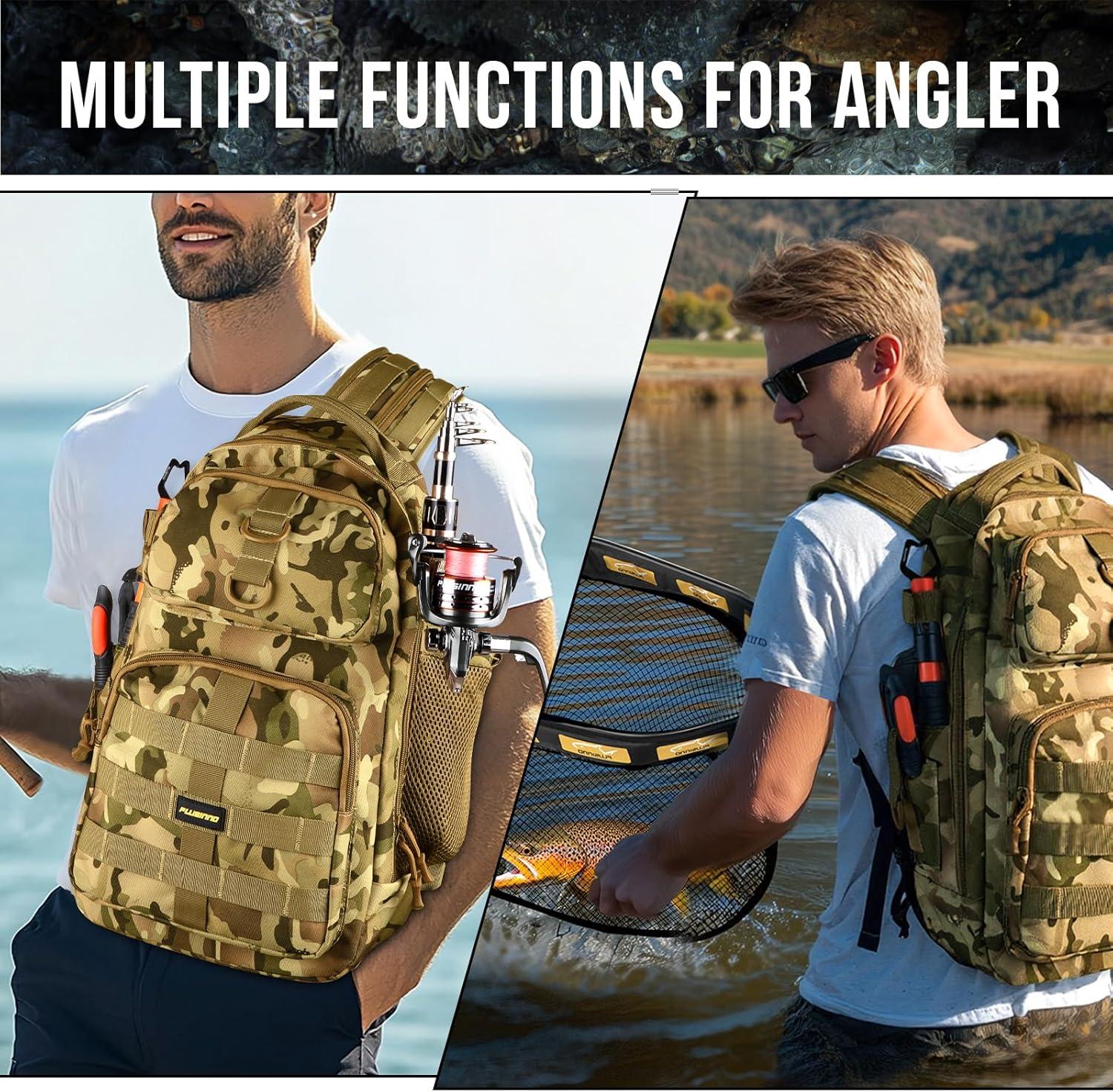 image:imagePLUSINNO Fishing Backpack with Tackle Boxes Waterproof Fishing Sling Tackle Bag For Fishing Gear With Rod Holder Fishing Gifts for Men With Fishing lures Fishing pliers Fish Lip GripperFishing Backpack with fishing net orange
