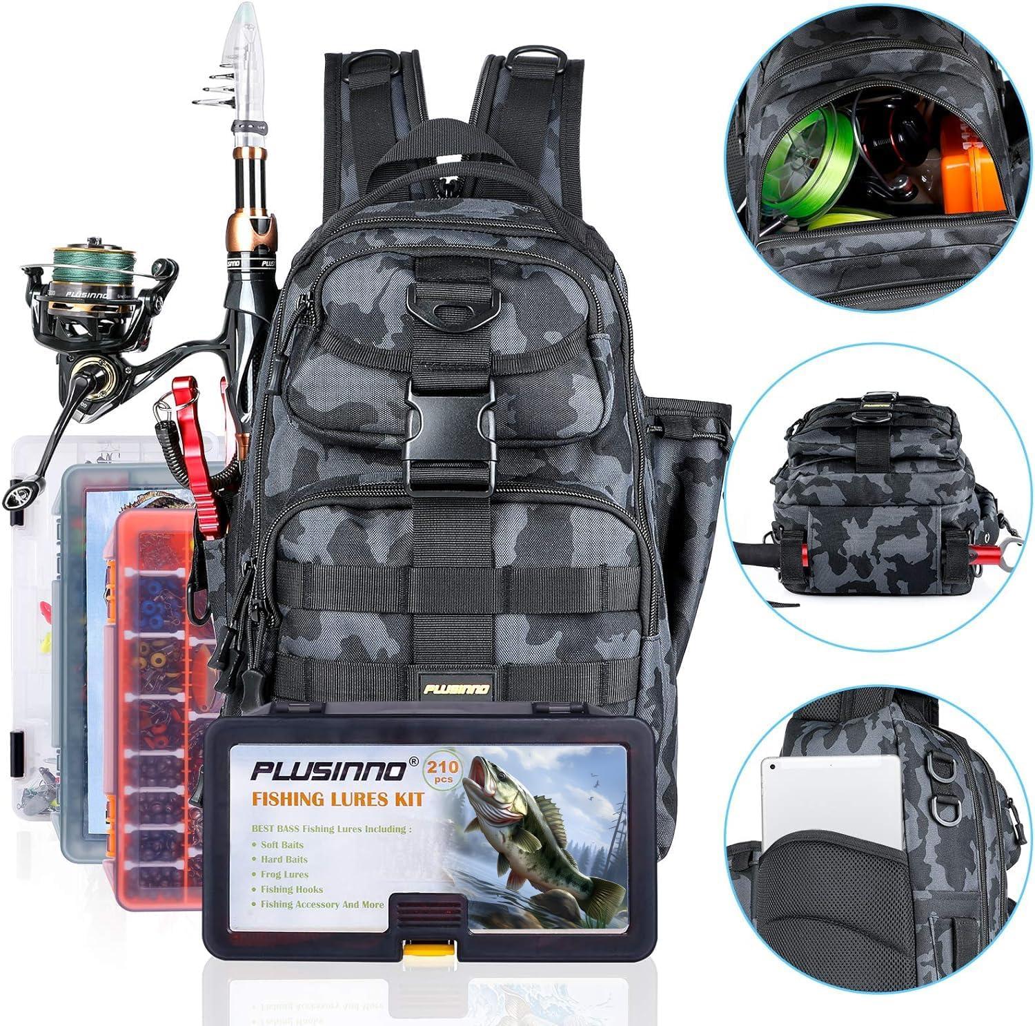 image:imagePLUSINNO Fishing Backpack with Tackle Boxes Waterproof Fishing Sling Tackle Bag For Fishing Gear With Rod Holder Fishing Gifts for Men With Fishing lures Fishing pliers Fish Lip GripperSingle Backpack No Tackle Box