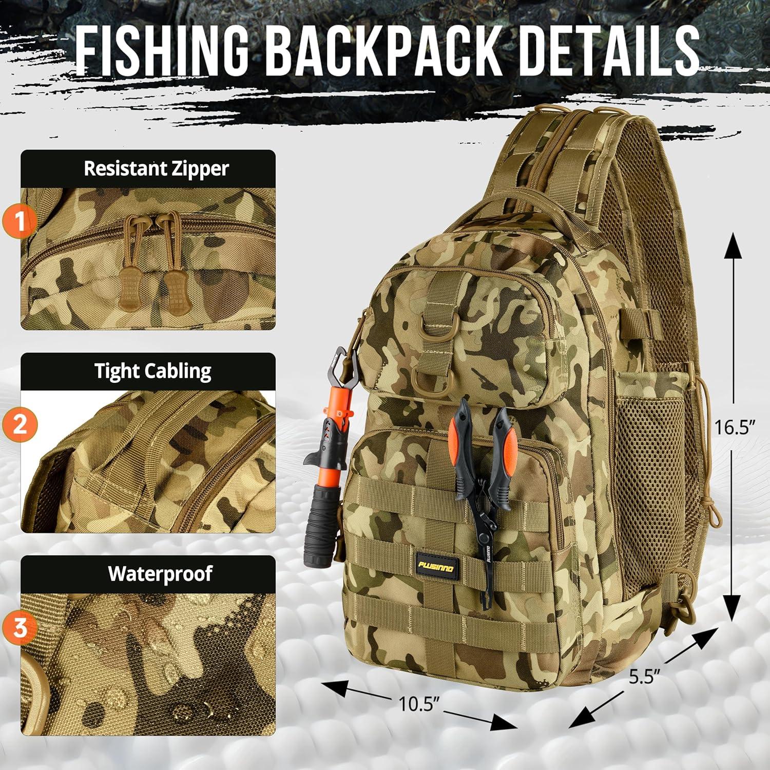 image:imagePLUSINNO Fishing Backpack with Tackle Boxes Waterproof Fishing Sling Tackle Bag For Fishing Gear With Rod Holder Fishing Gifts for Men With Fishing lures Fishing pliers Fish Lip GripperKhaki Camo Fishing Backpack with Tackle Box