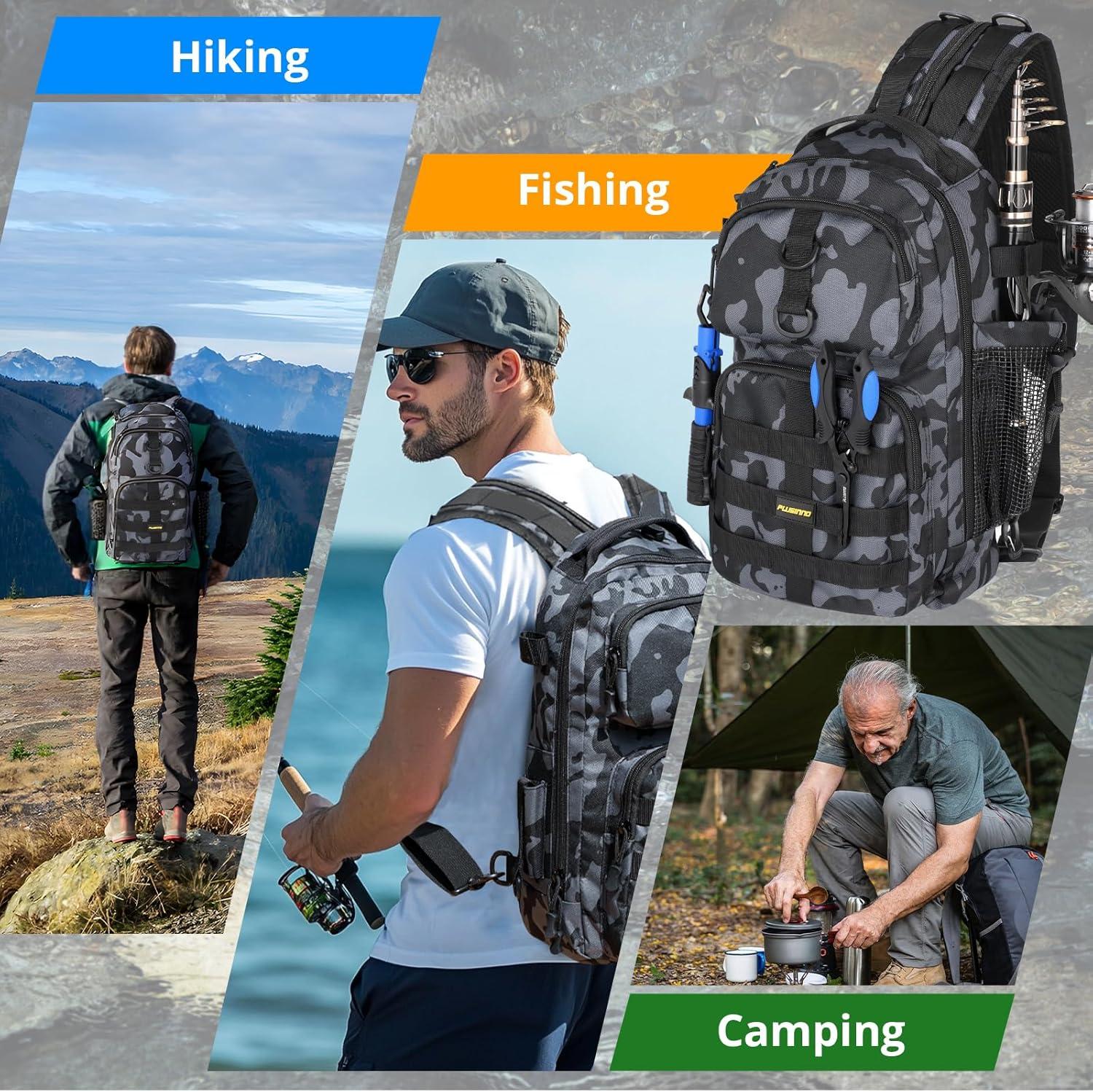 image:imagePLUSINNO Fishing Backpack with Tackle Boxes Waterproof Fishing Sling Tackle Bag For Fishing Gear With Rod Holder Fishing Gifts for Men With Fishing lures Fishing pliers Fish Lip GripperFishing Backpack with fishing rod