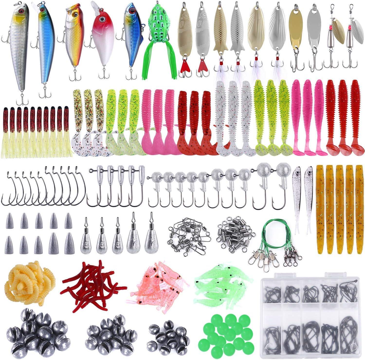 image:imagePLUSINNO Fishing Lures Baits Tackle Including Crankbaits Spinnerbaits Plastic Worms Jigs Topwater Lures Tackle Box and More Fishing Gear Lures Kit Set 102302Pcs Fishing Lure Tackle302Pcs Fishing Lures Kit