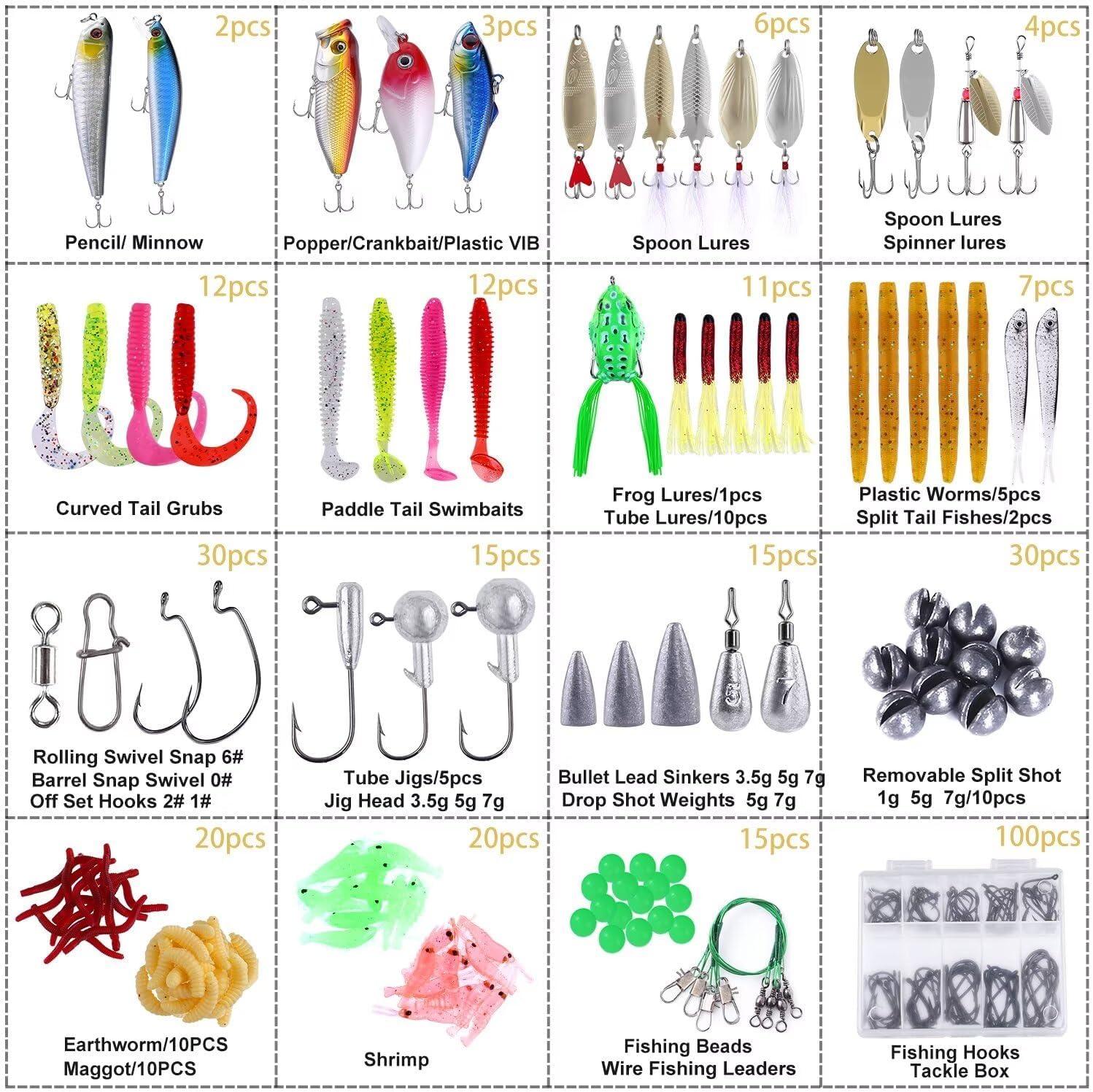 image:imagePLUSINNO Fishing Lures Baits Tackle Including Crankbaits Spinnerbaits Plastic Worms Jigs Topwater Lures Tackle Box and More Fishing Gear Lures Kit Set 102302Pcs Fishing Lure Tackle302Pcs Fishing Lures Kit