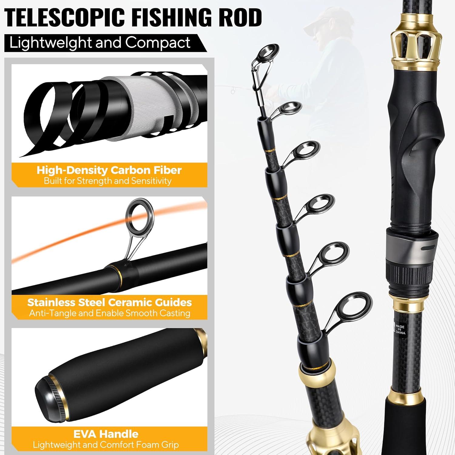 image:imagePLUSINNO Fishing Rod and Reel ComboFishing PoleTelescopic Fishing Rod Kit with Spinning Reel Telescopic Fishing Pole with Carrier Bag for Freshwater Saltwater for Men WomenFull Kit with Carrier Case