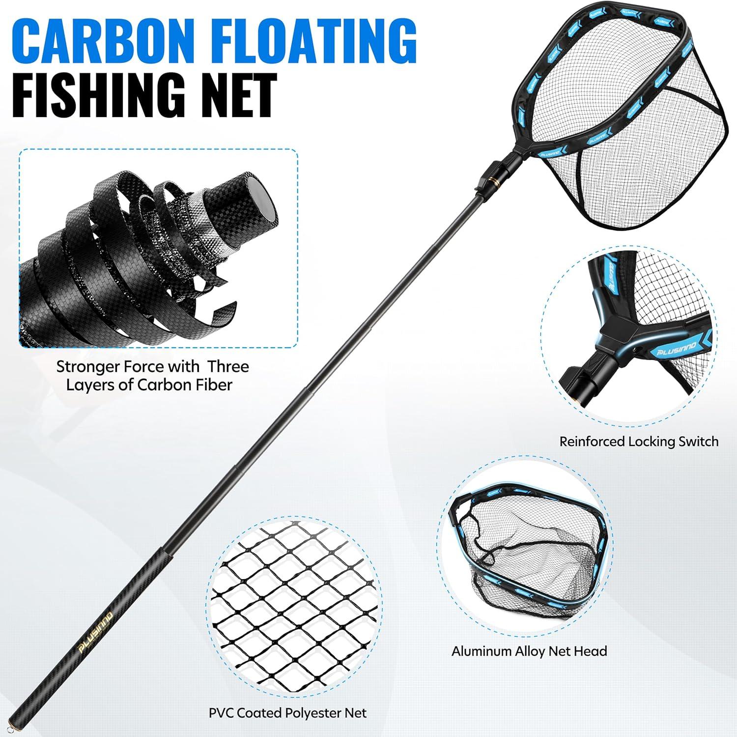 image:imagePLUSINNO Floating Fishing Net with Telescoping Handle Carbon Fiber Ultralight Long Fish Net Collapsible Landing Net 656786Ft Fishing Gear Kayak Accessories for Bass Trout Salmon656 FT 20M Full Length with Tool Kit