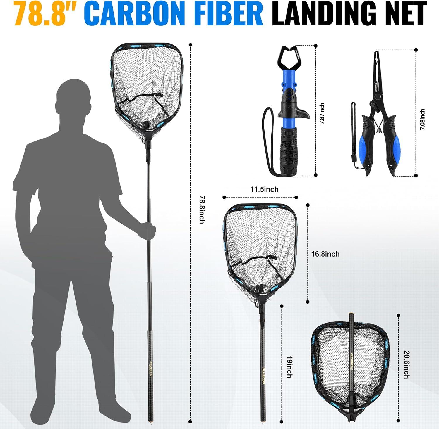 image:imagePLUSINNO Floating Fishing Net with Telescoping Handle Carbon Fiber Ultralight Long Fish Net Collapsible Landing Net 656786Ft Fishing Gear Kayak Accessories for Bass Trout Salmon656 FT 20M Full Length with Tool Kit
