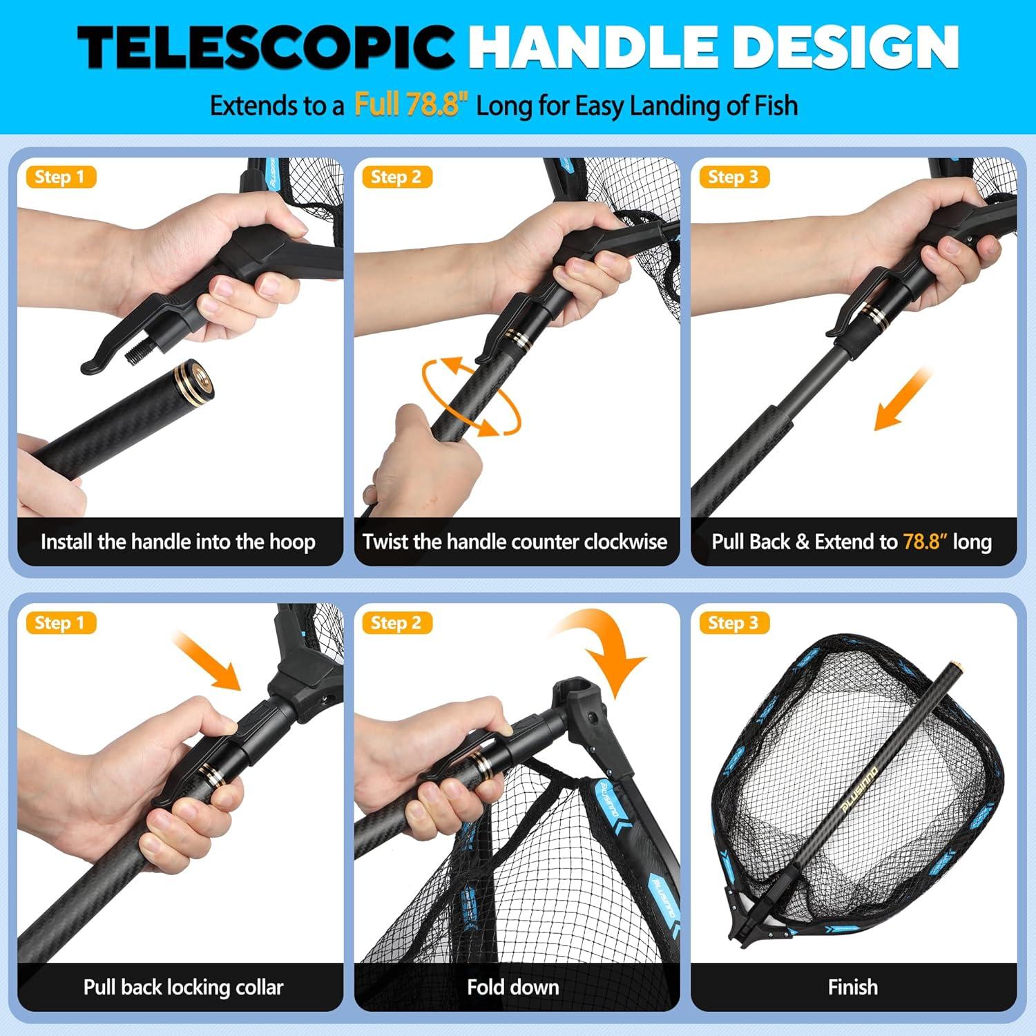 image:imagePLUSINNO Floating Fishing Net with Telescoping Handle Carbon Fiber Ultralight Long Fish Net Collapsible Landing Net 656786Ft Fishing Gear Kayak Accessories for Bass Trout Salmon656 FT 20M Full Length