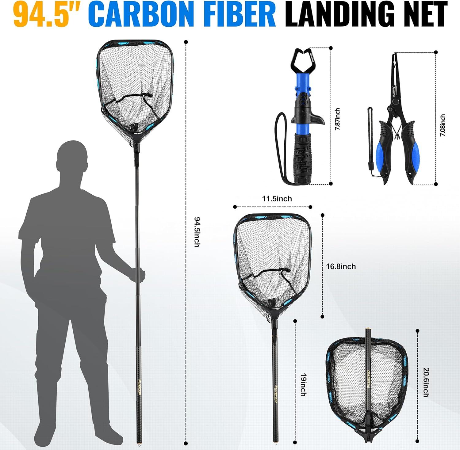 image:imagePLUSINNO Floating Fishing Net with Telescoping Handle Carbon Fiber Ultralight Long Fish Net Collapsible Landing Net 656786Ft Fishing Gear Kayak Accessories for Bass Trout Salmon786 FT 24M Full Length with Tool Kit