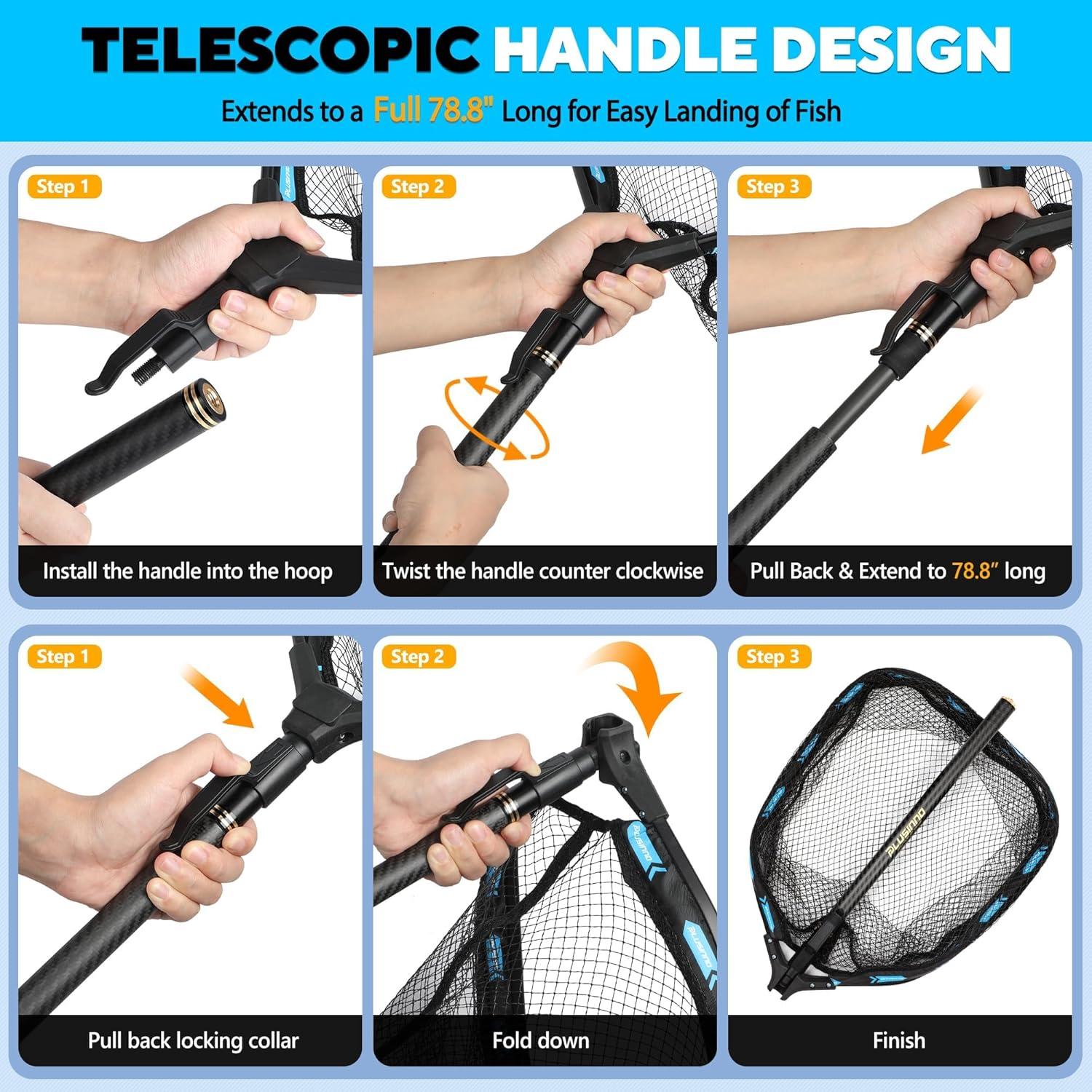 image:imagePLUSINNO Floating Fishing Net with Telescoping Handle Carbon Fiber Ultralight Long Fish Net Collapsible Landing Net 656786Ft Fishing Gear Kayak Accessories for Bass Trout Salmon656 FT 20M Full Length with Tool Kit