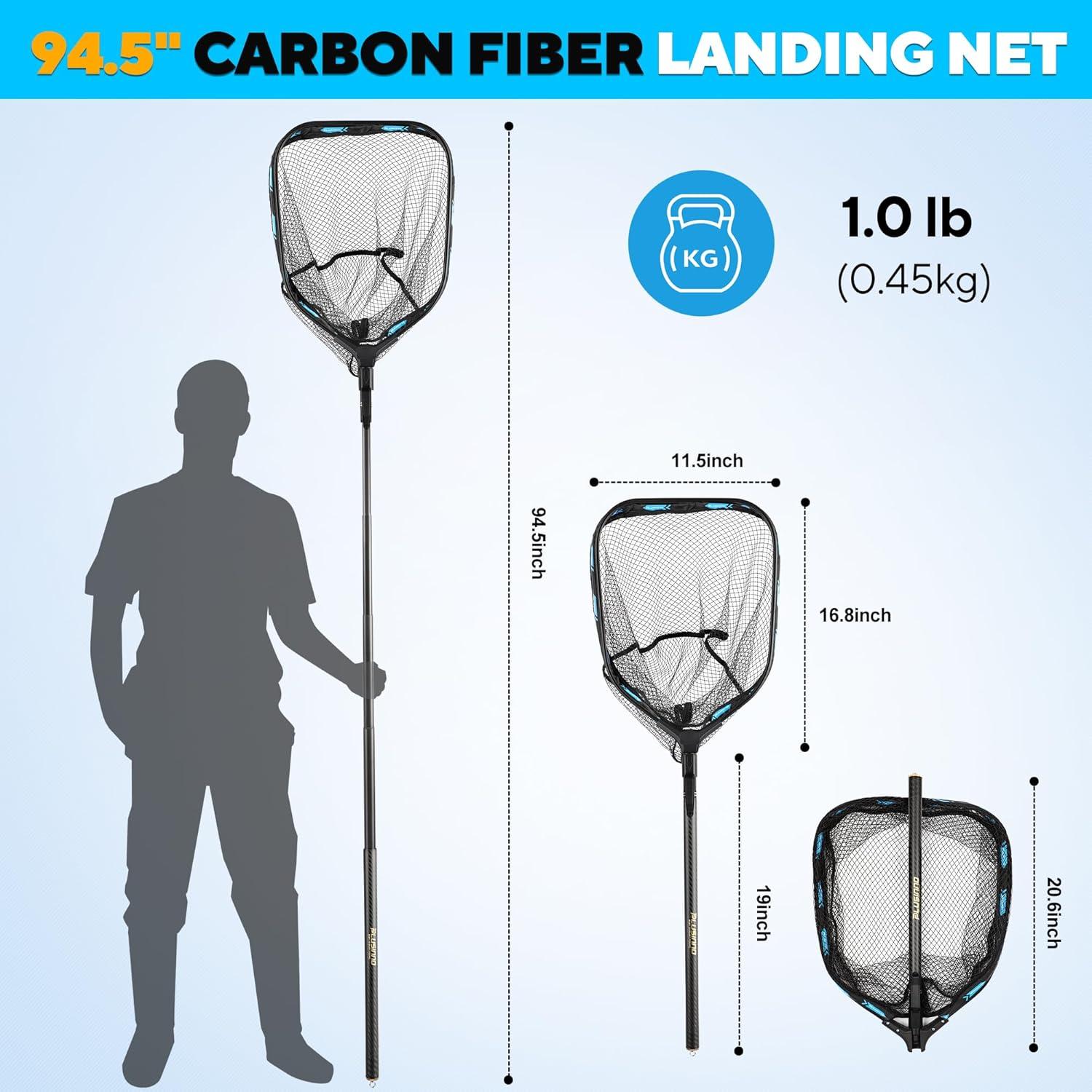 image:imagePLUSINNO Floating Fishing Net with Telescoping Handle Carbon Fiber Ultralight Long Fish Net Collapsible Landing Net 656786Ft Fishing Gear Kayak Accessories for Bass Trout Salmon786 FT 24M Full Length